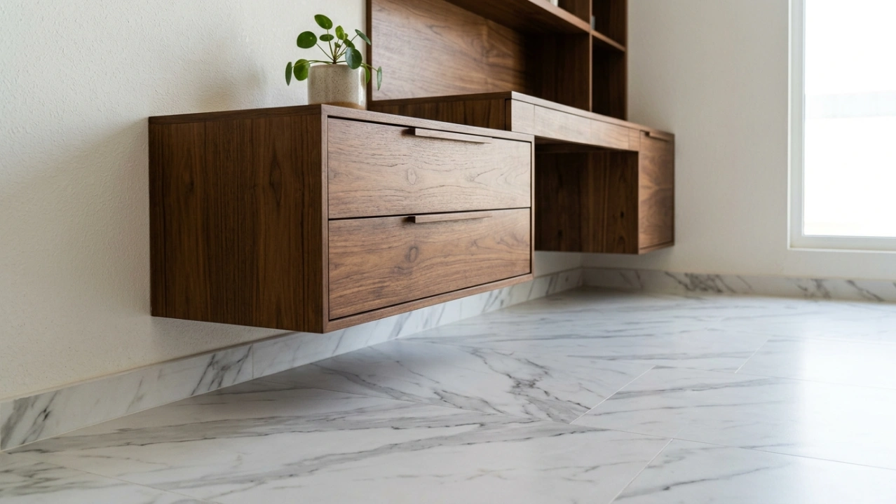 Waterproof white marble laminate flooring with floating teak desk unit.