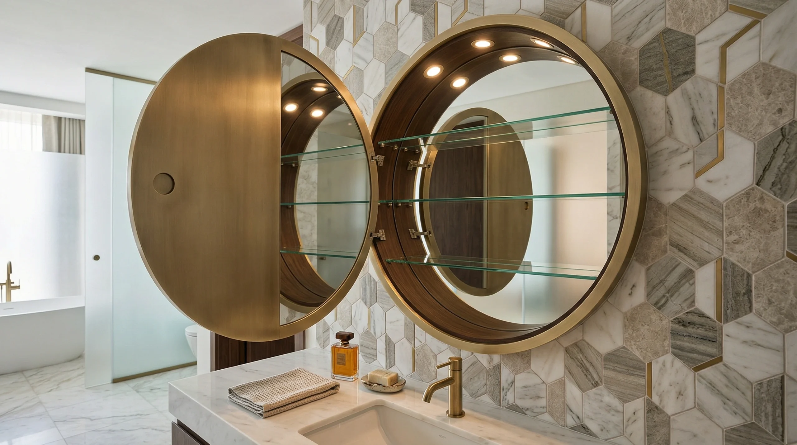 Ultra-clear low-iron mirror cabinet door with polished pencil bevel edge under raking spotlight showing zero-distortion reflection in UAE luxury bathroom