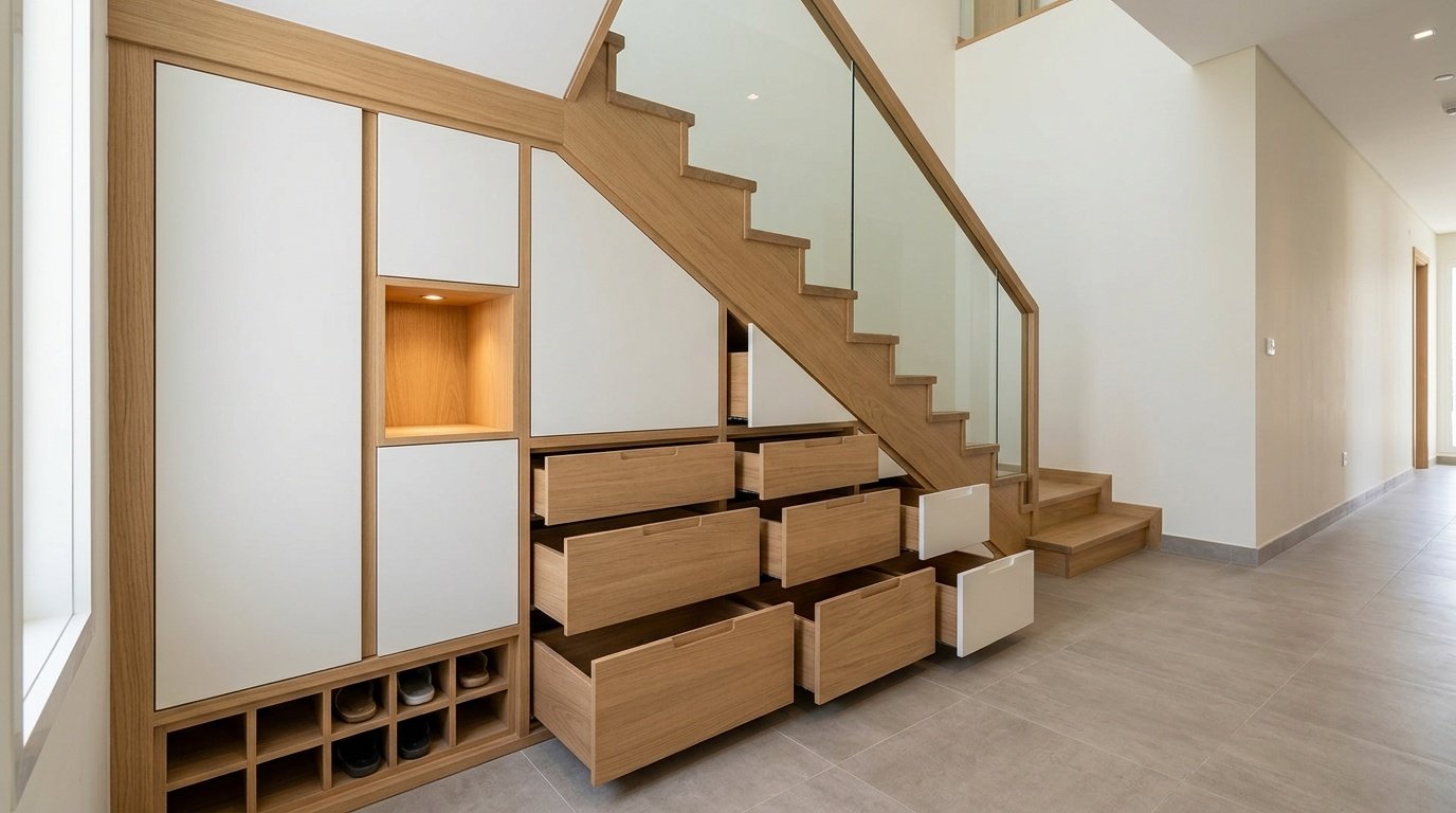 Custom built-in under-staircase storage in natural oak and white in Mirdif Dubai villa entrance hallway