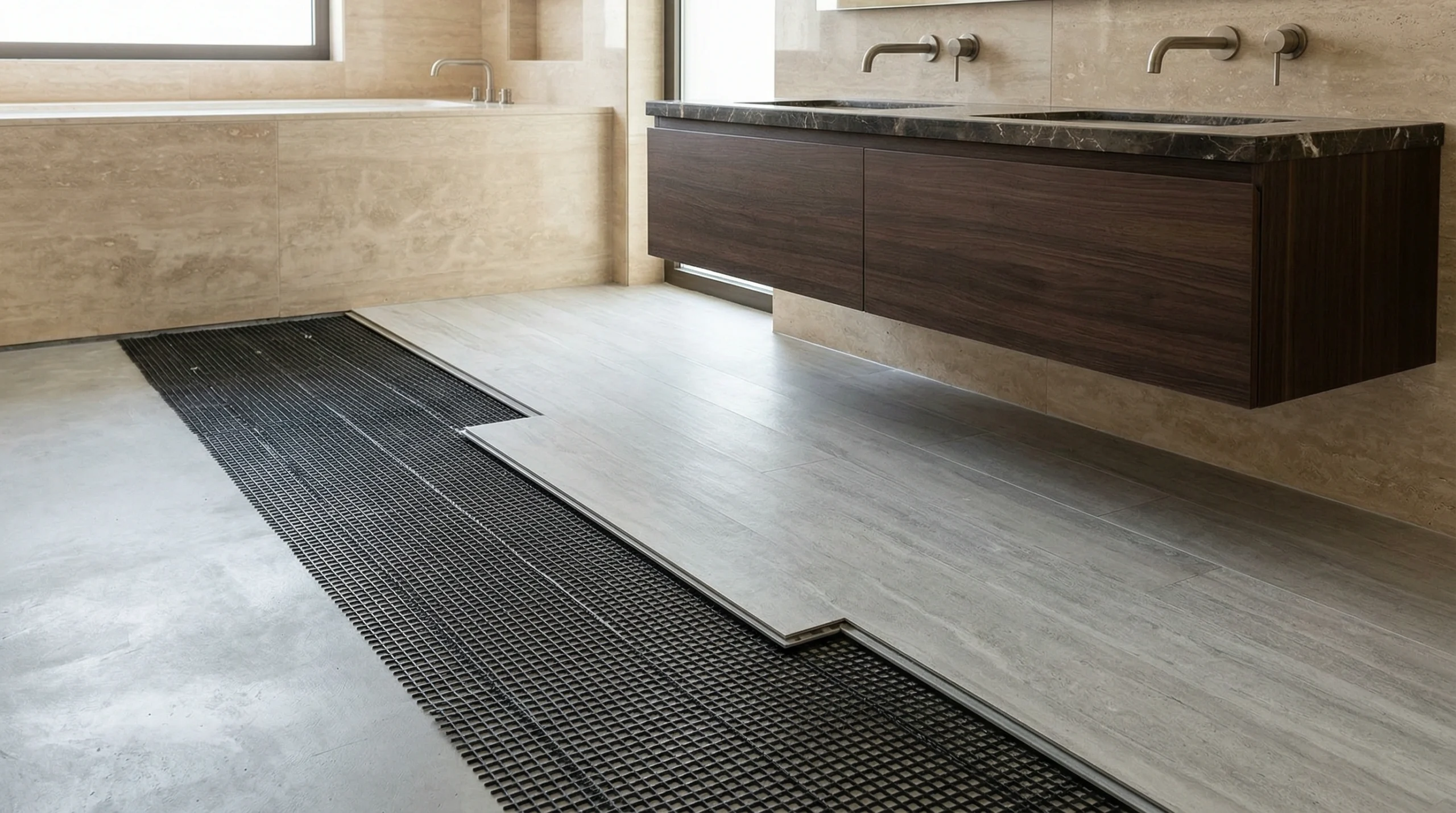 Light grey stone-effect SPC flooring being installed over black underfloor heating mats in an Emirates Hills bathroom.