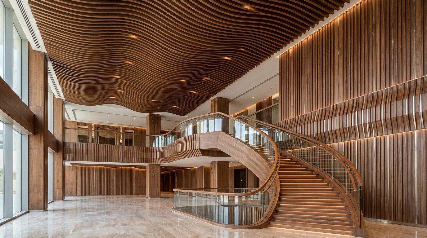 Seamless integration of intricate wooden ceilings, staircases, and wall cladding in a hotel lobby.