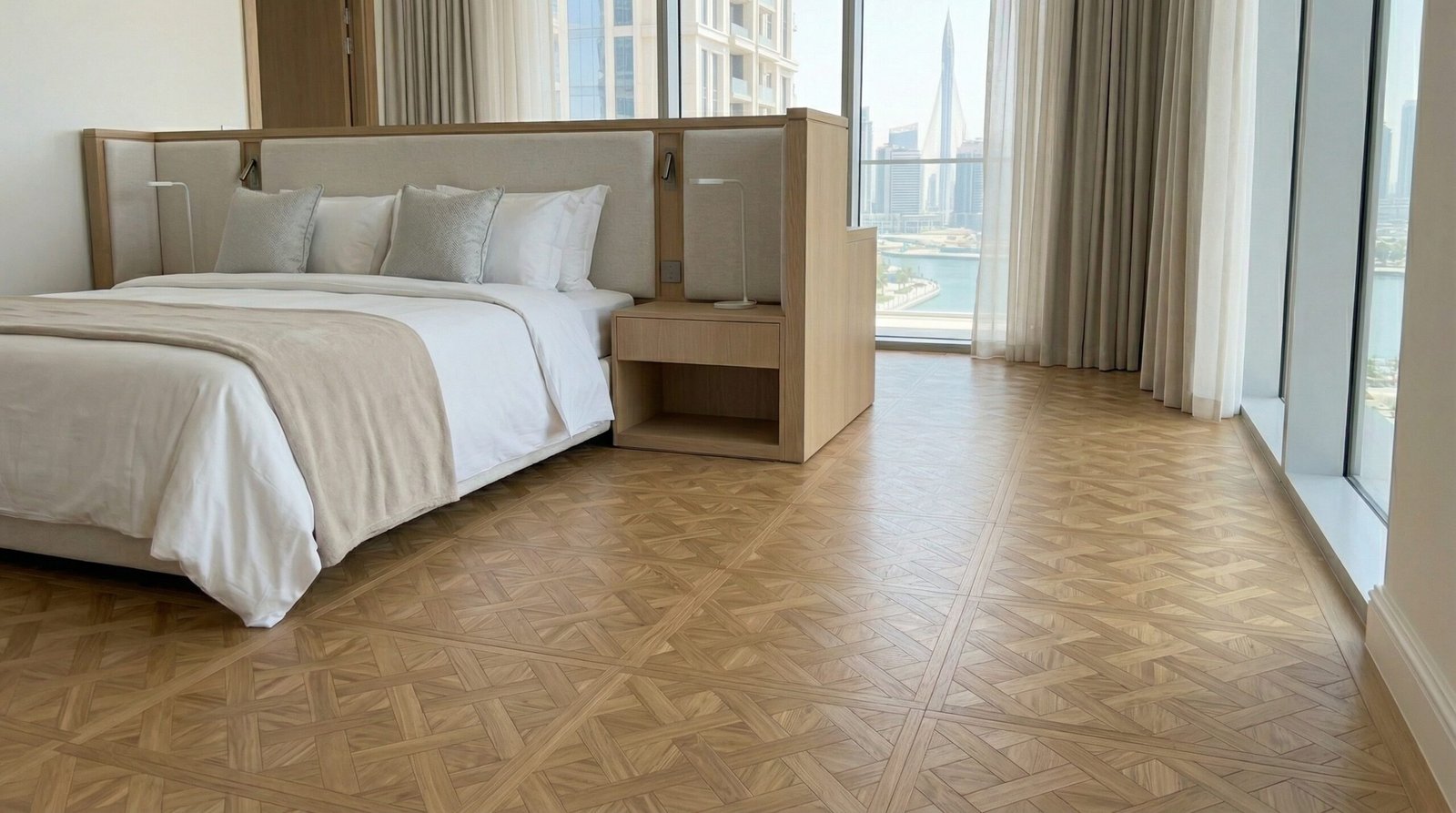 Uniform high-quality oak strip parquet in a model apartment bedroom.