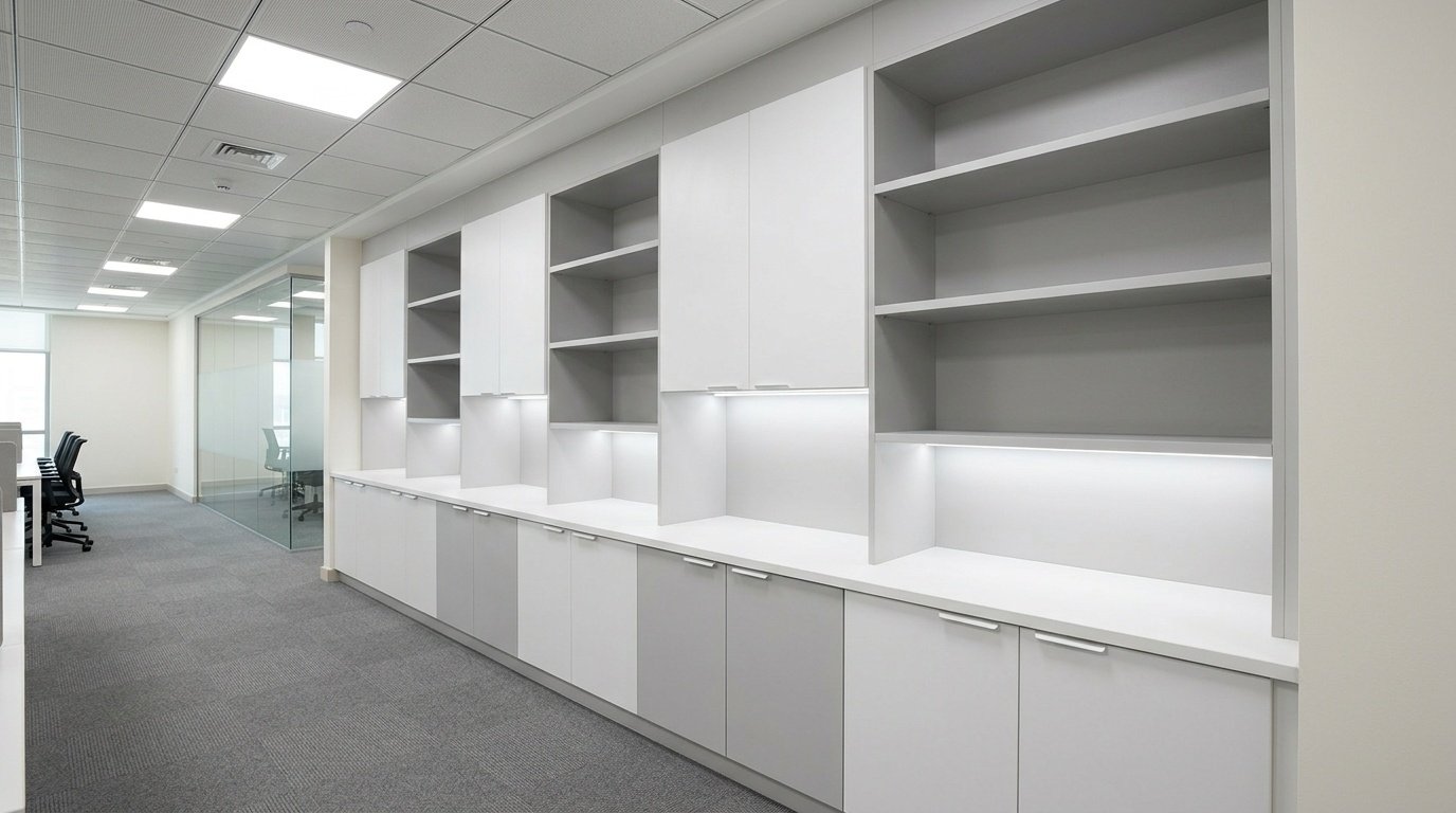 Cost-effective professional built-in office wall cabinetry in a UAE free zone commercial space by Karnak Carpentry