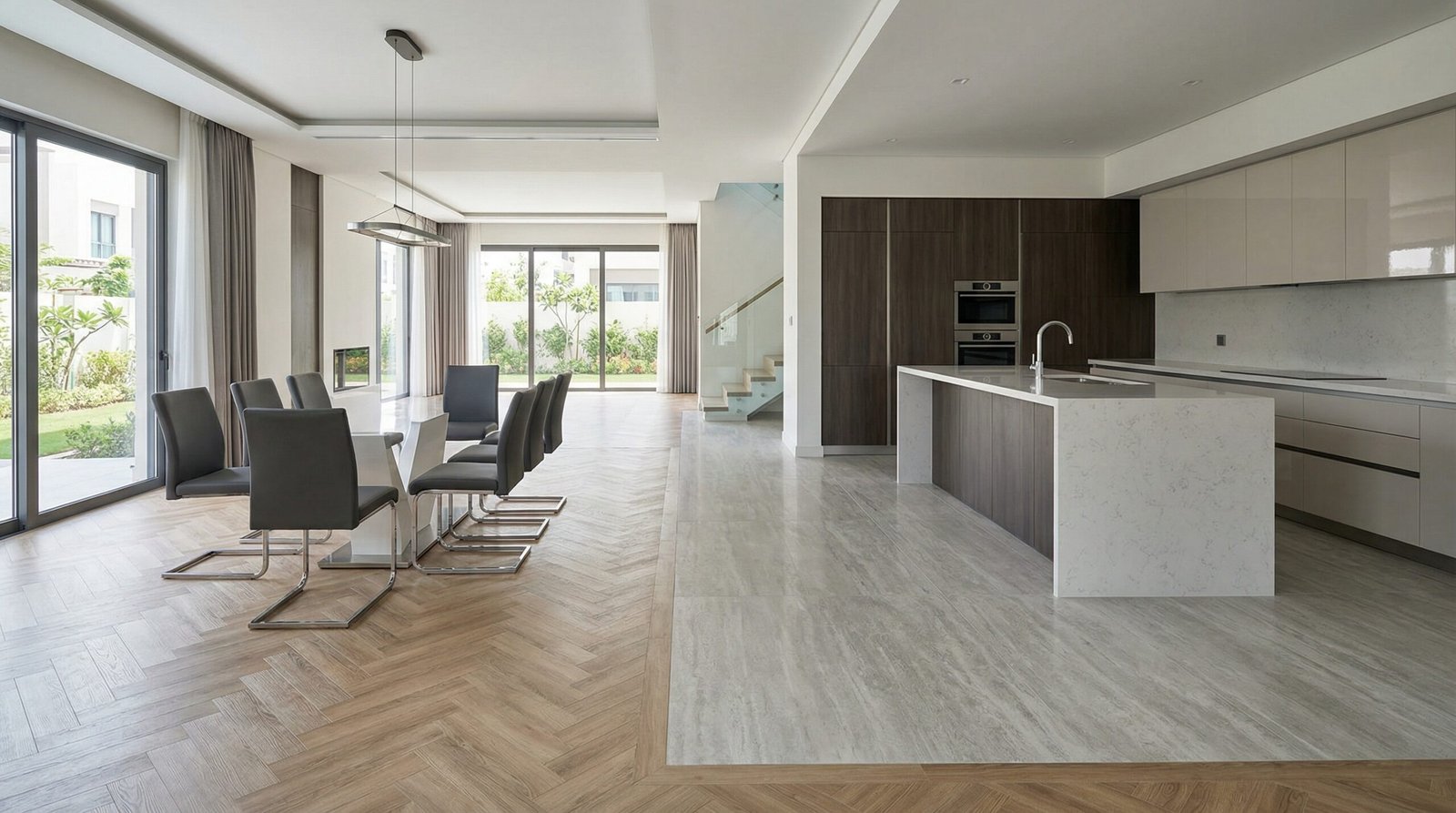Seamless LVT transition from herringbone wood to stone effect in a Meydan townhouse.