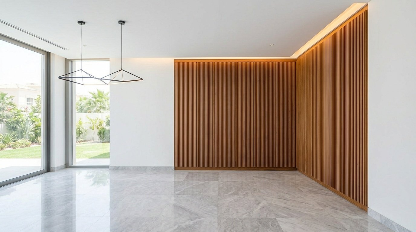 Modern Custom Built In Dining Cabinet With Vertical Slatted Teak Wood Doors.