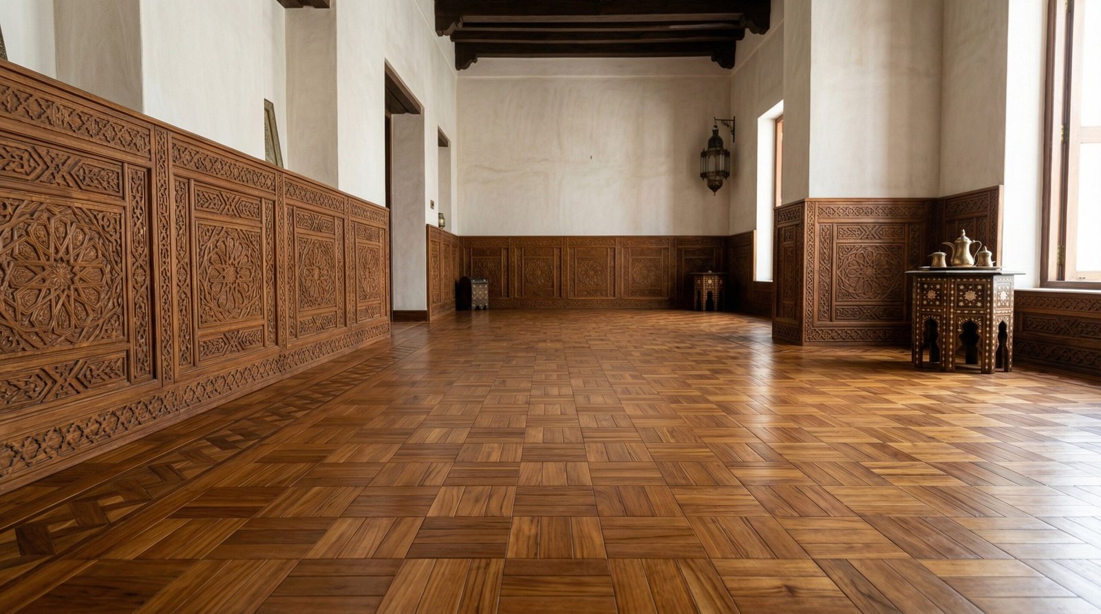 Replicated vintage teak parquet flooring in a restored Jumeirah heritage villa.