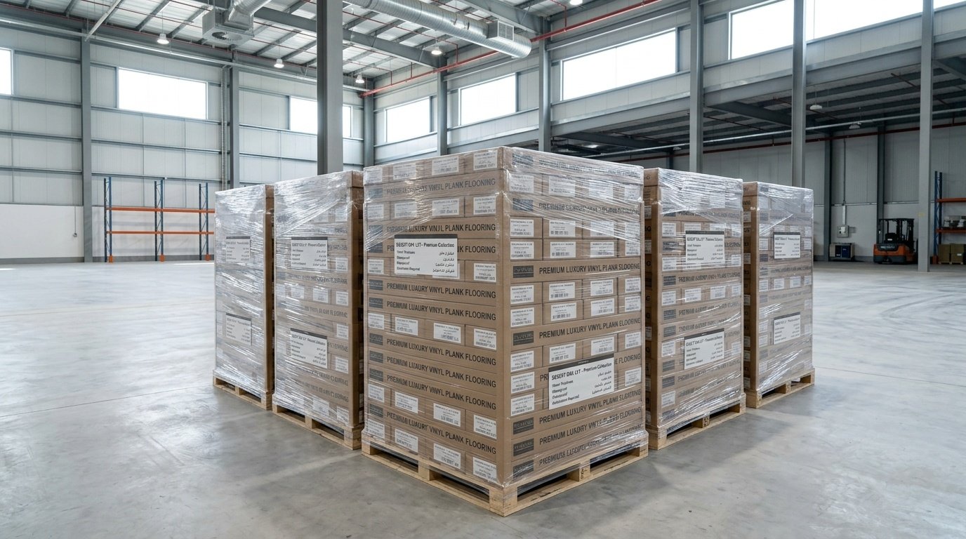 Boxes of premium vinyl flooring acclimatizing in a temperature-controlled Dubai warehouse before installation.