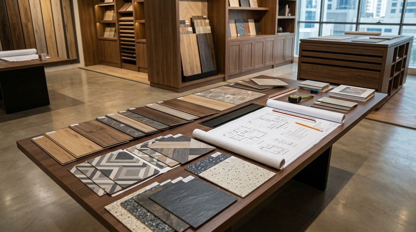 Diverse vinyl flooring swatches and technical plans in the Karnak Carpentry showroom for client consultation.