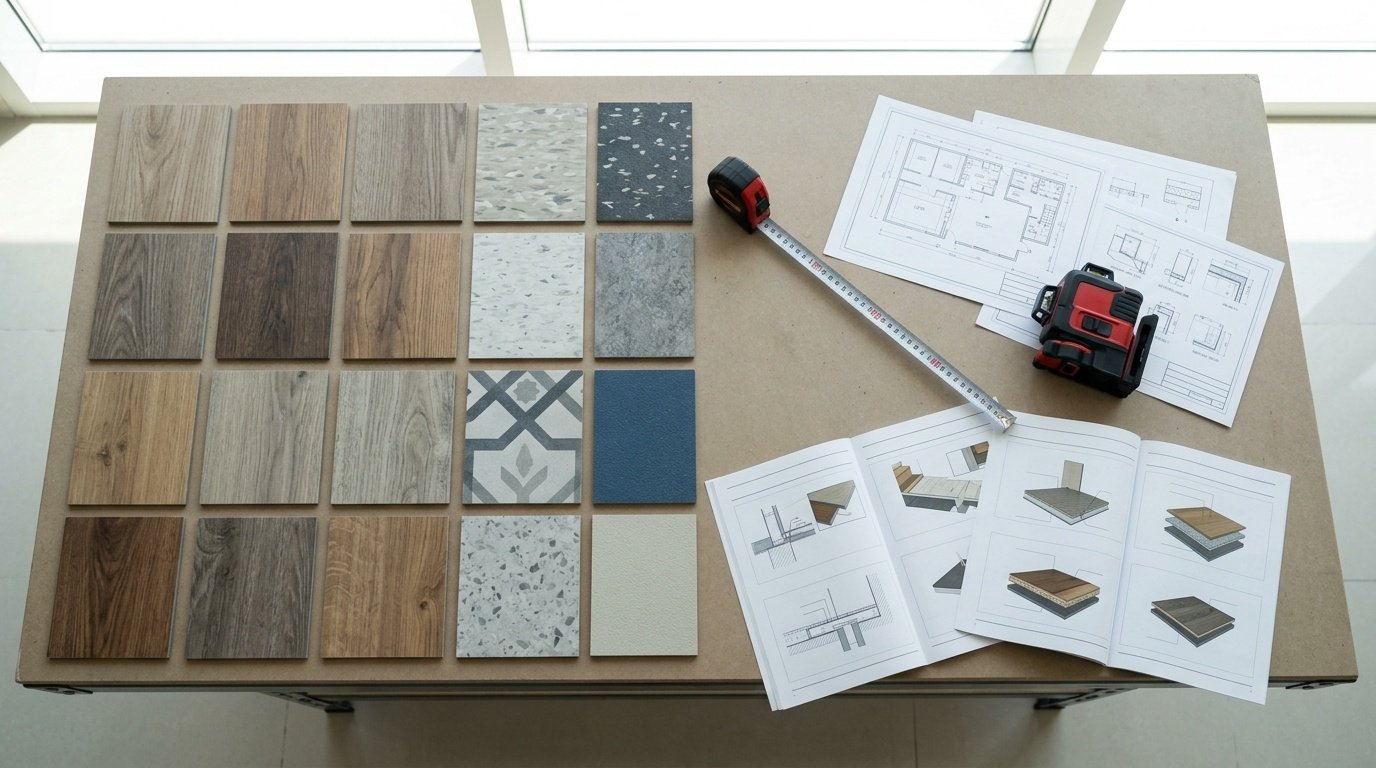 Diverse flooring swatches and technical drawings on a workbench illustrating detailed project documentation.
