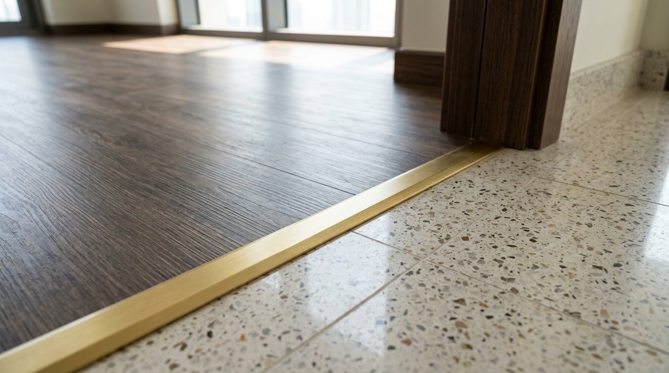 Close-up of precise brass transition strip joining LVT and terrazzo floors in a modern Dubai apartment.