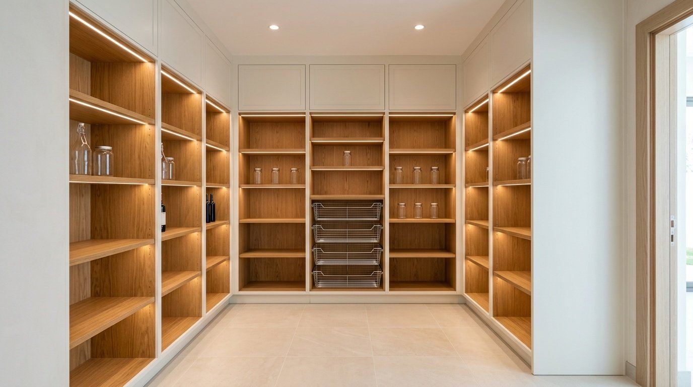 Custom built-in walk-in pantry storage joinery with oak shelving and LED lighting in Meadows Dubai villa