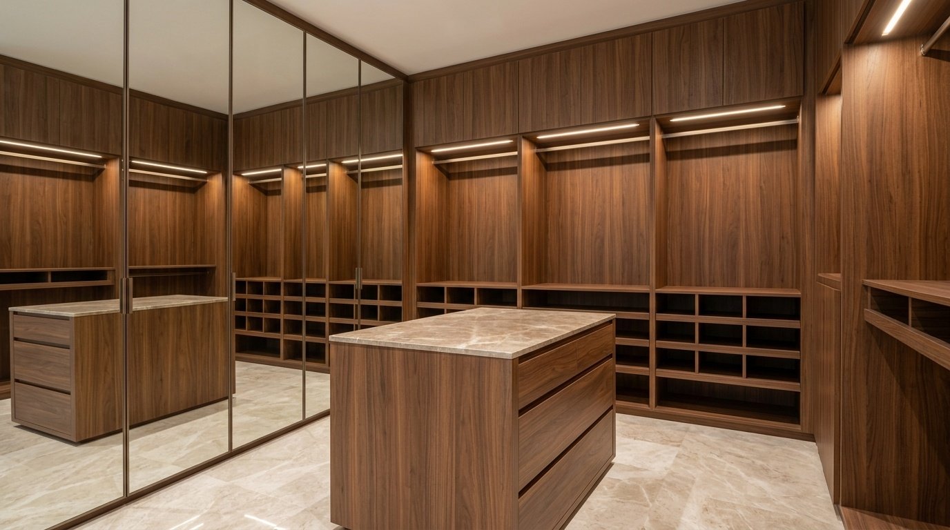 Fitted walk-in wardrobe in walnut wood finish with central island and LED spotlights in Dubai Hills villa