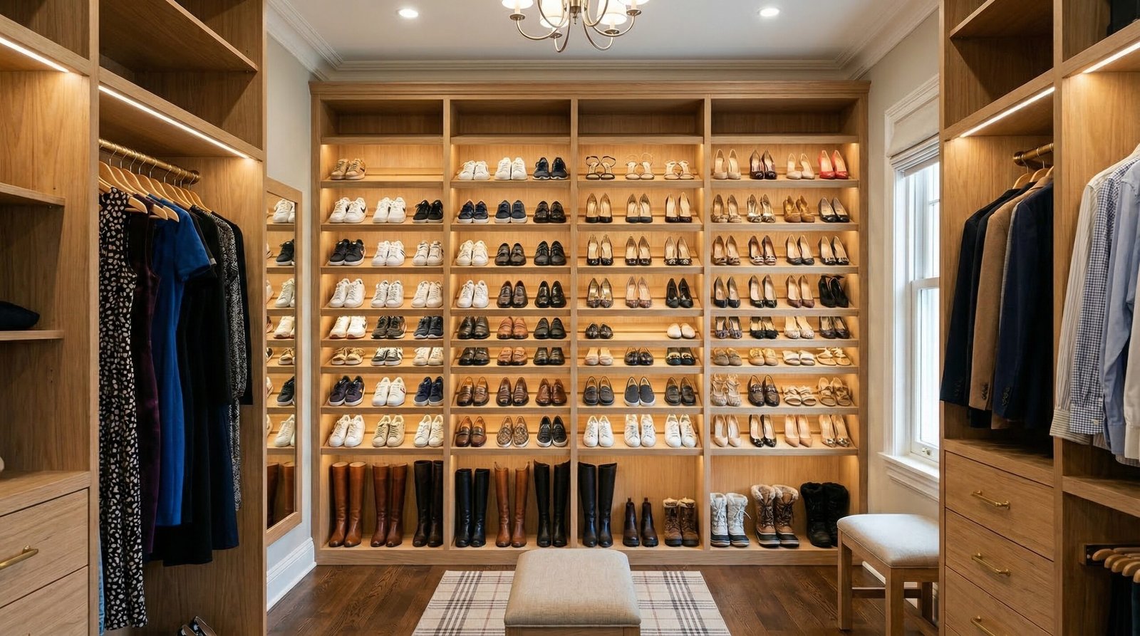 Fitted walk-in closet dedicated shoe wall in natural oak with angled shelves and toe-kick lighting in The Springs Dubai townhouse