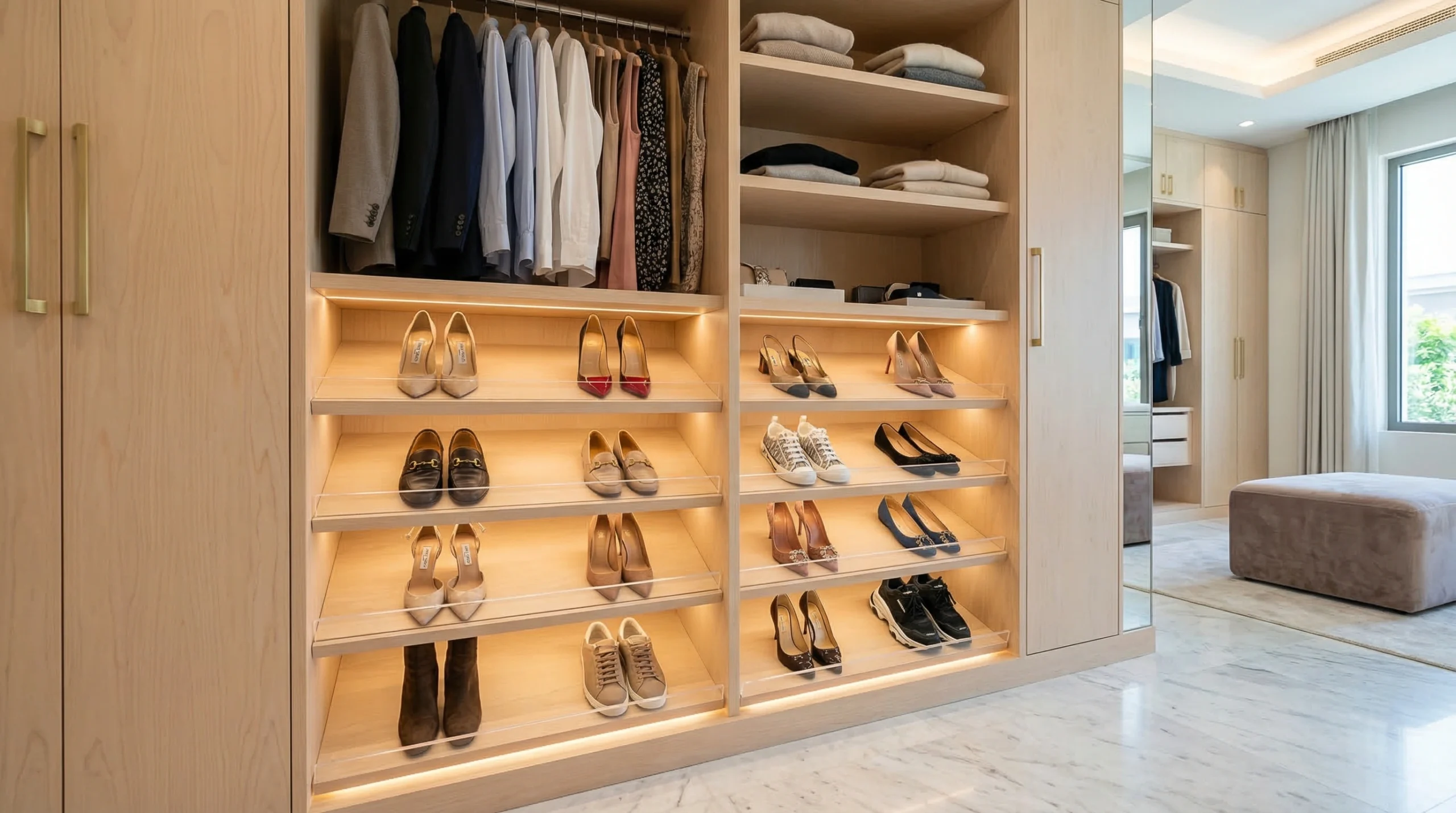 Fitted walk-in wardrobe shoe zone with pale birch angled shelves and toe-kick LED below hanging rails in Dubai Hills Estate villa