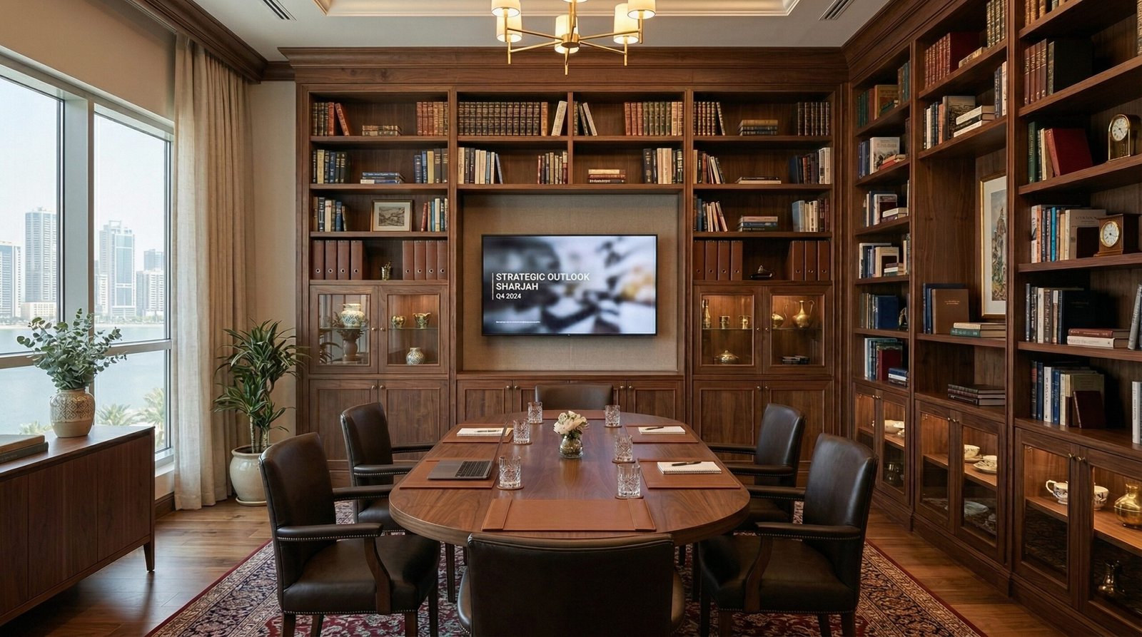 Custom walnut wood library shelving for a luxury Sharjah meeting room.