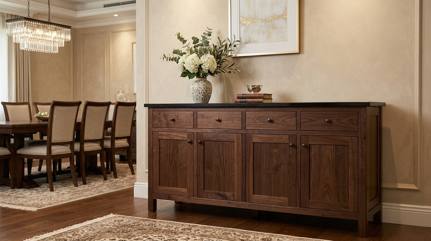 Dark walnut Shaker-style dining buffet, custom carpentry Abu Dhabi.