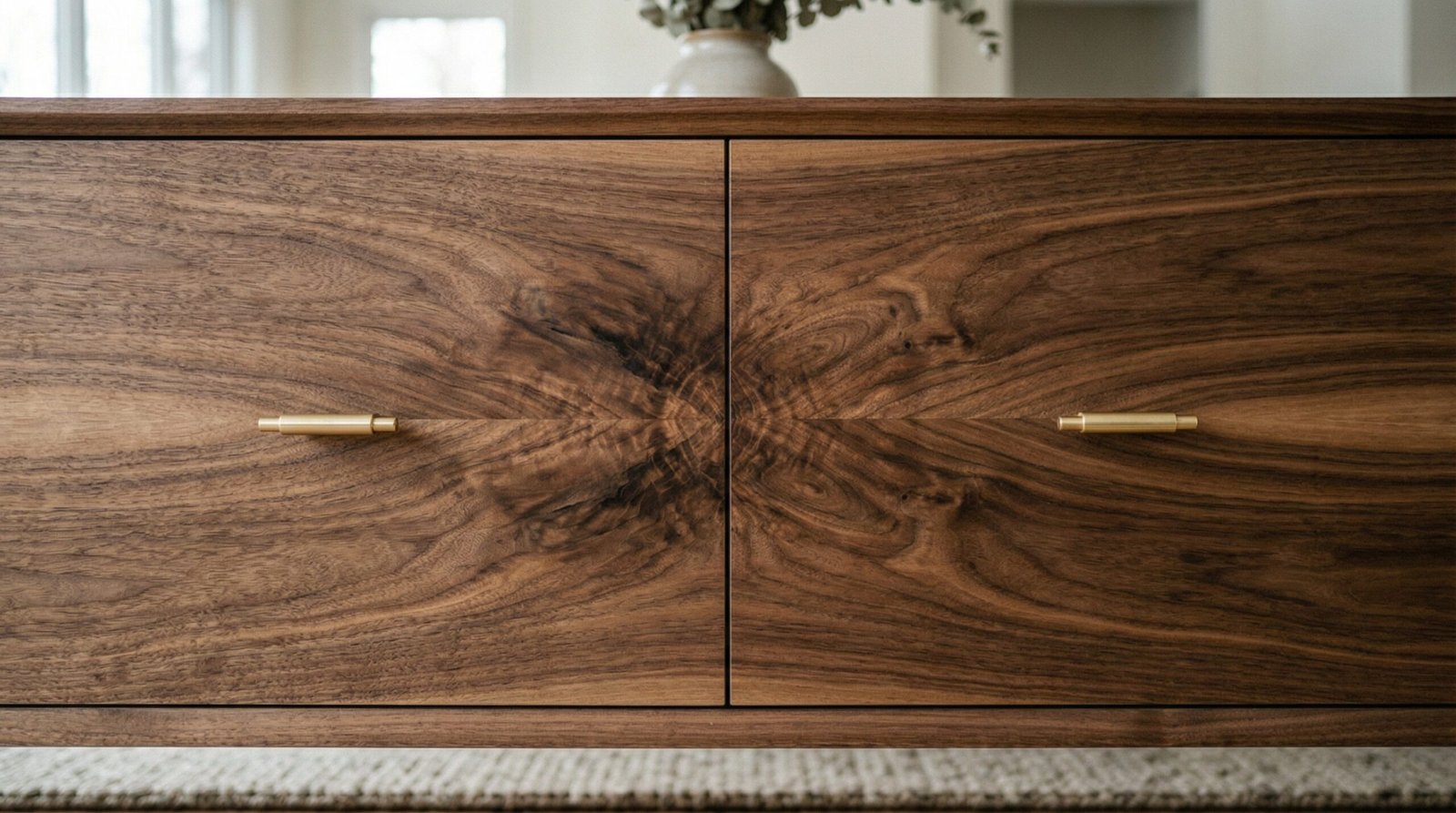 Close-up of meticulous walnut veneer grain matching on console table drawers.