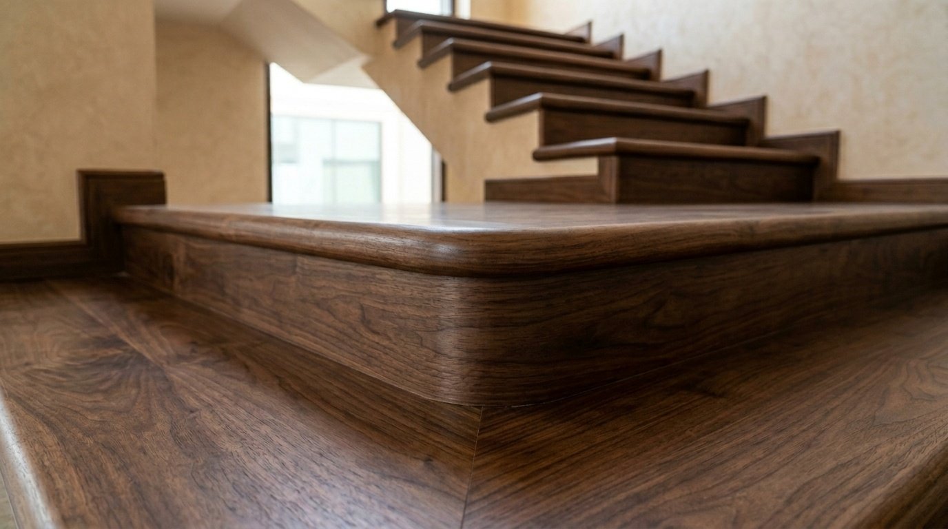 Close-up of solid dark walnut wood staircase nosing and flooring integration.