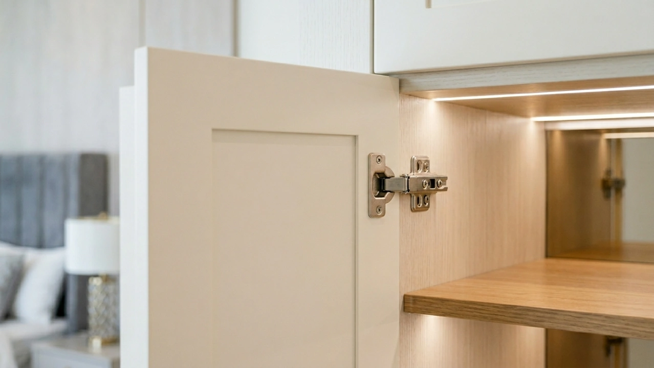 Detailed view of a high-quality adjusted hinge and pristine finish on a completed custom wardrobe in Dubai.