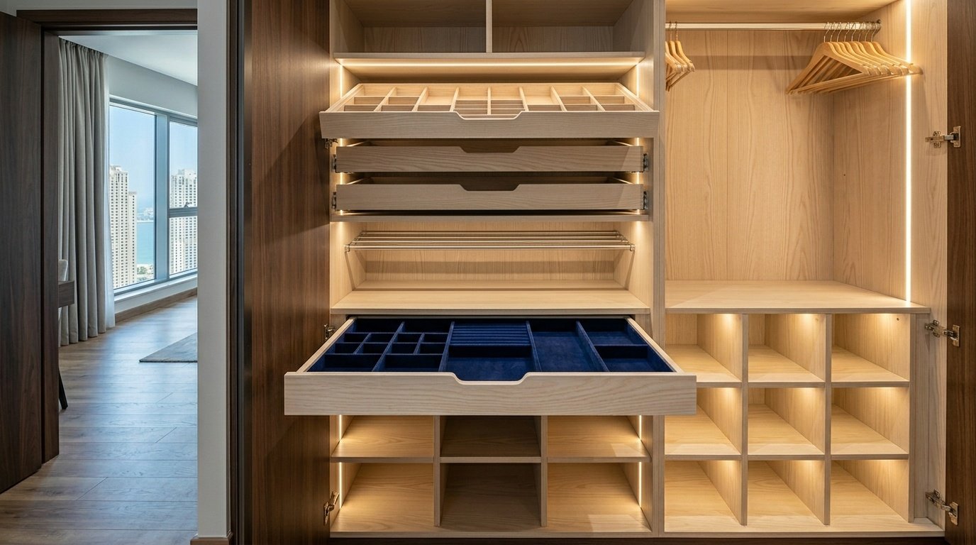 Bespoke wardrobe interior fitout with pull-out trays, velvet drawer and shoe cubbies in JBR Dubai apartment