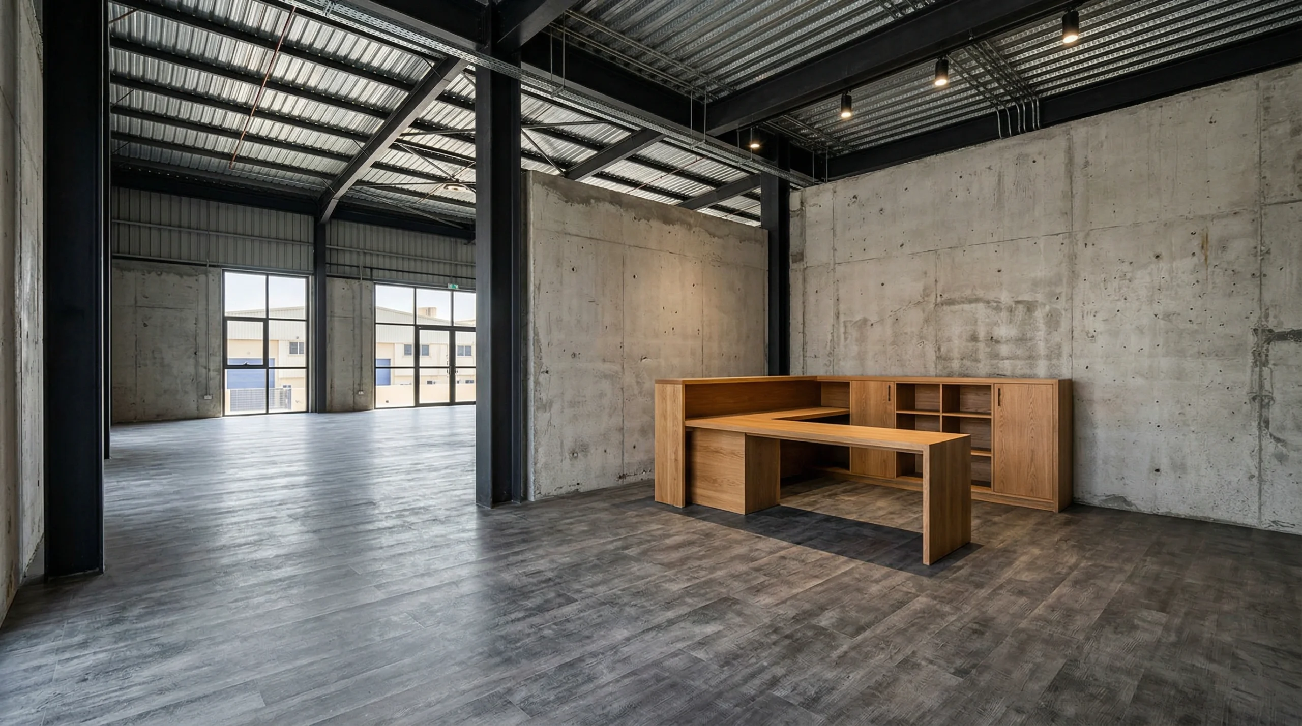 Industrial dark grey concrete-effect SPC flooring in a converted Al Quoz warehouse space by Karnak Carpentry.