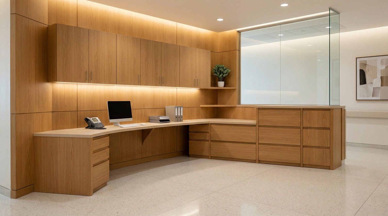 Warm oak custom built-in reception desk, cabinets, and filing systems in Sharjah healthcare office.