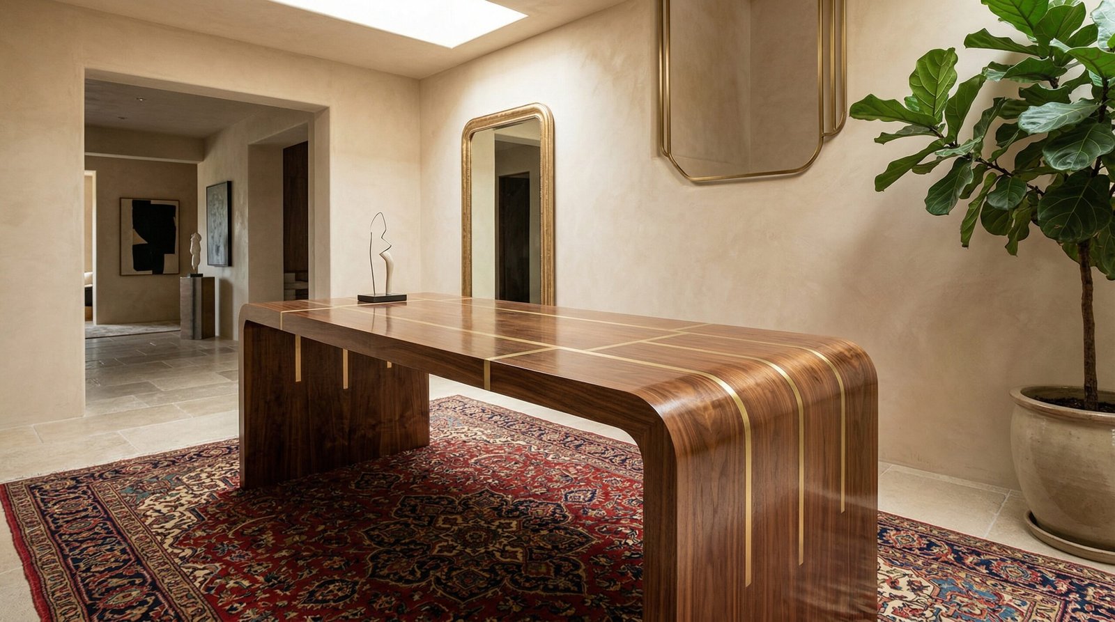 Premium waterfall walnut console table with brass inlay in a luxury UAE villa.