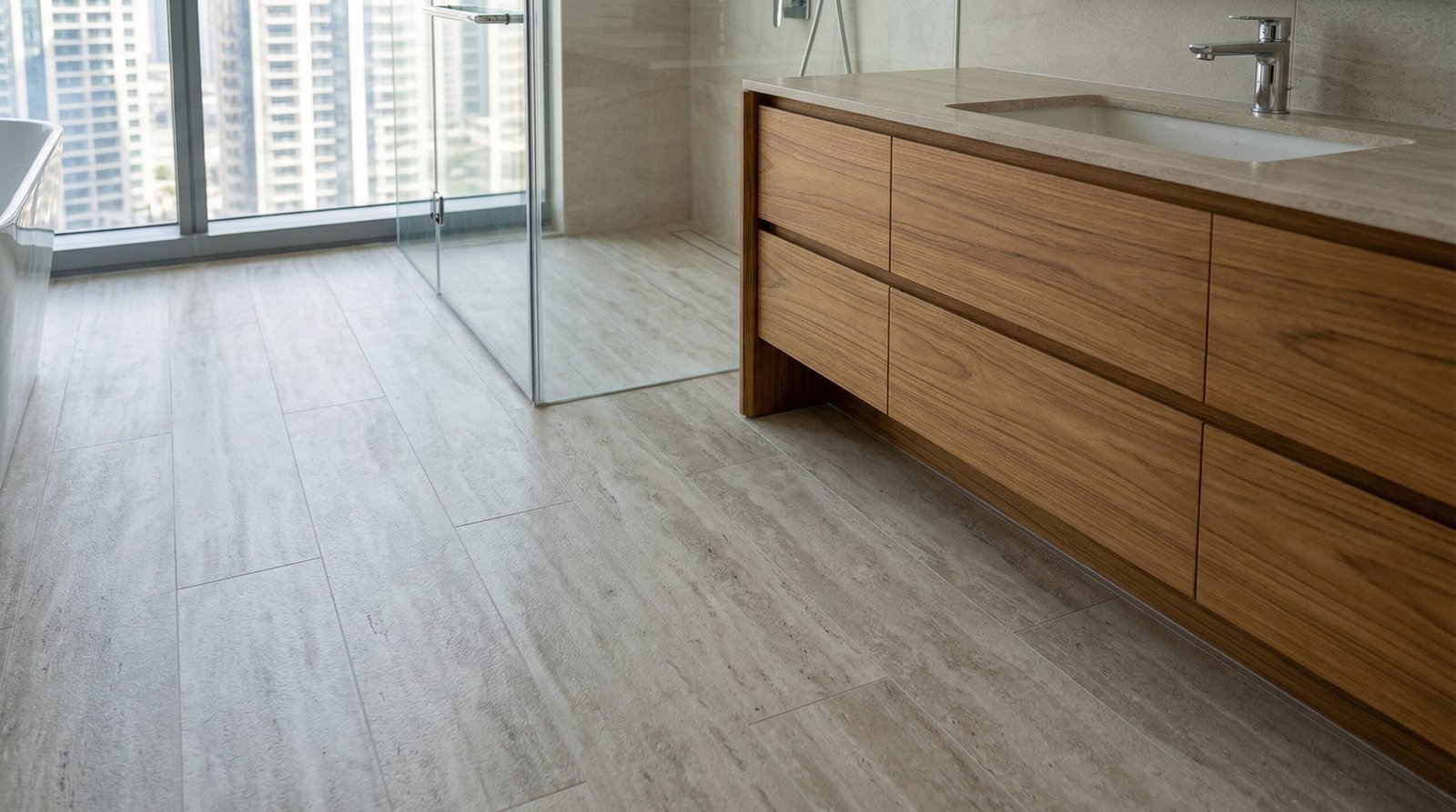 Waterproof travertine-effect LVT tiles in a modern Downtown Dubai bathroom.