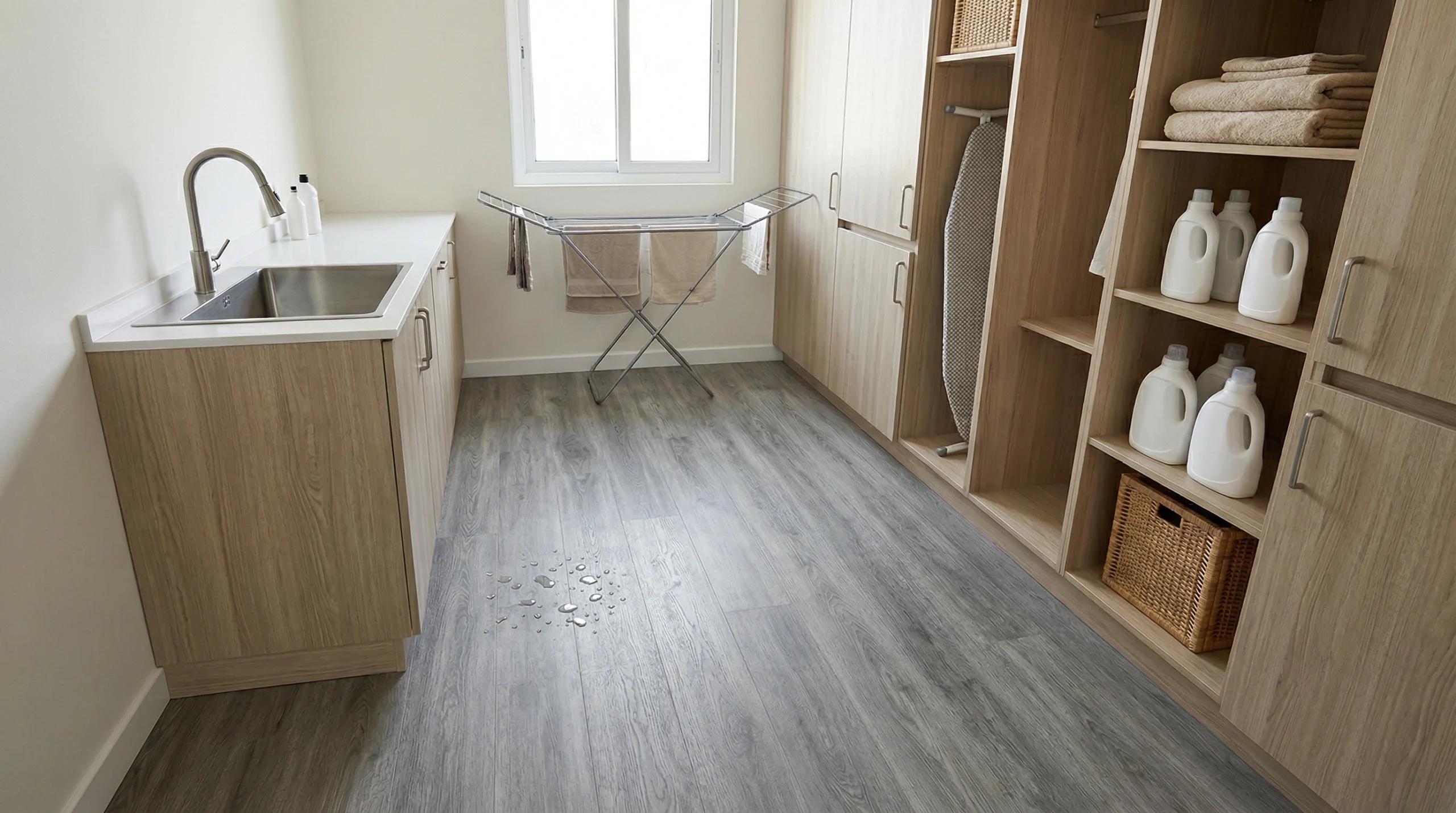 Waterproof grey wood-grain SPC flooring installed in a Mirdif villa laundry room by Karnak Carpentry.