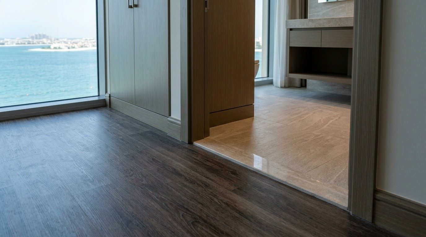Waterproof wood and stone-effect vinyl flooring in a Palm Jumeirah hotel bathroom entry.