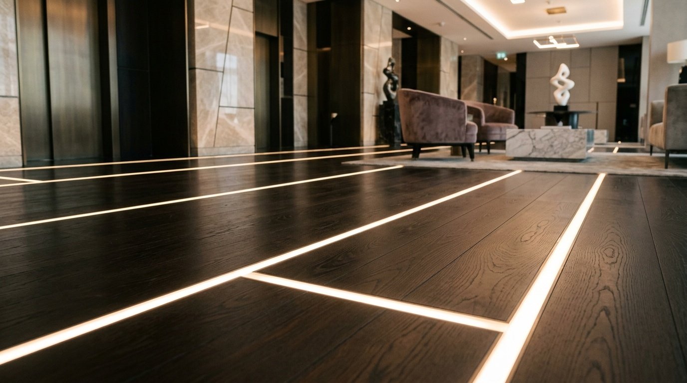 Dark Wenge flooring with flush-integrated linear LED lighting pathways.