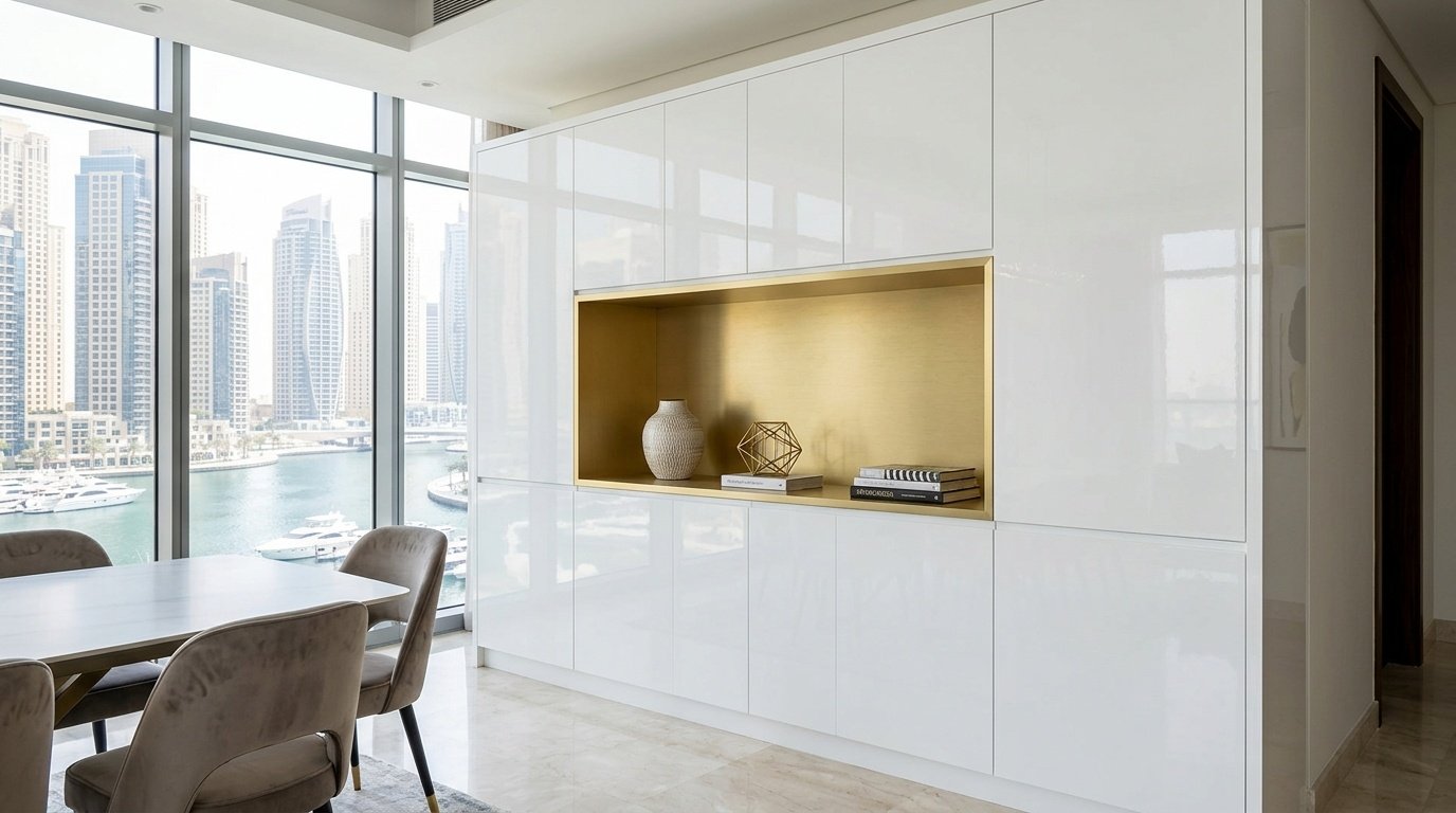 High-gloss white dining cabinet with gold niche, Dubai Marina penthouse.