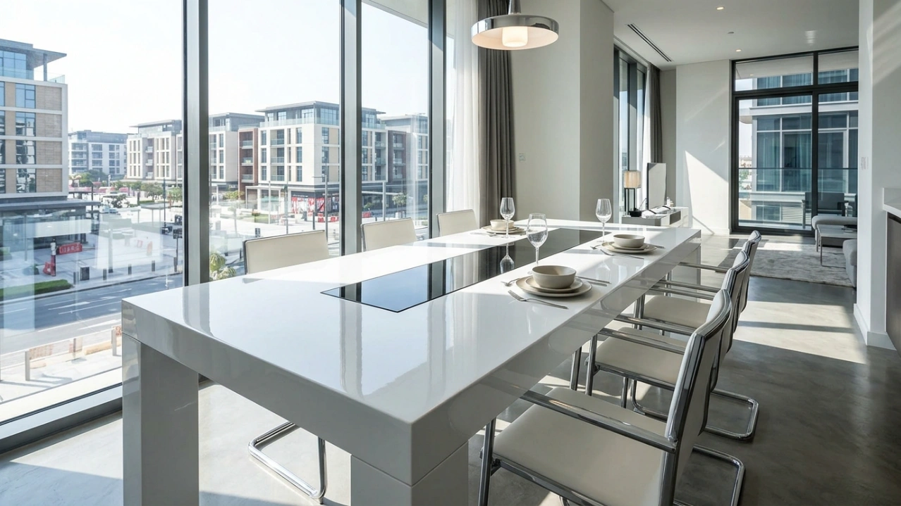 : Modern white high-gloss dining table with glass inlay, bespoke Karnak project in City Walk, Dubai.