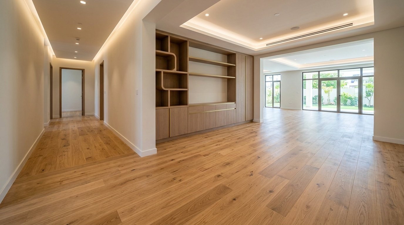 Seamless wide oak engineered wood flooring throughout an Arabian Ranches villa with custom joinery.