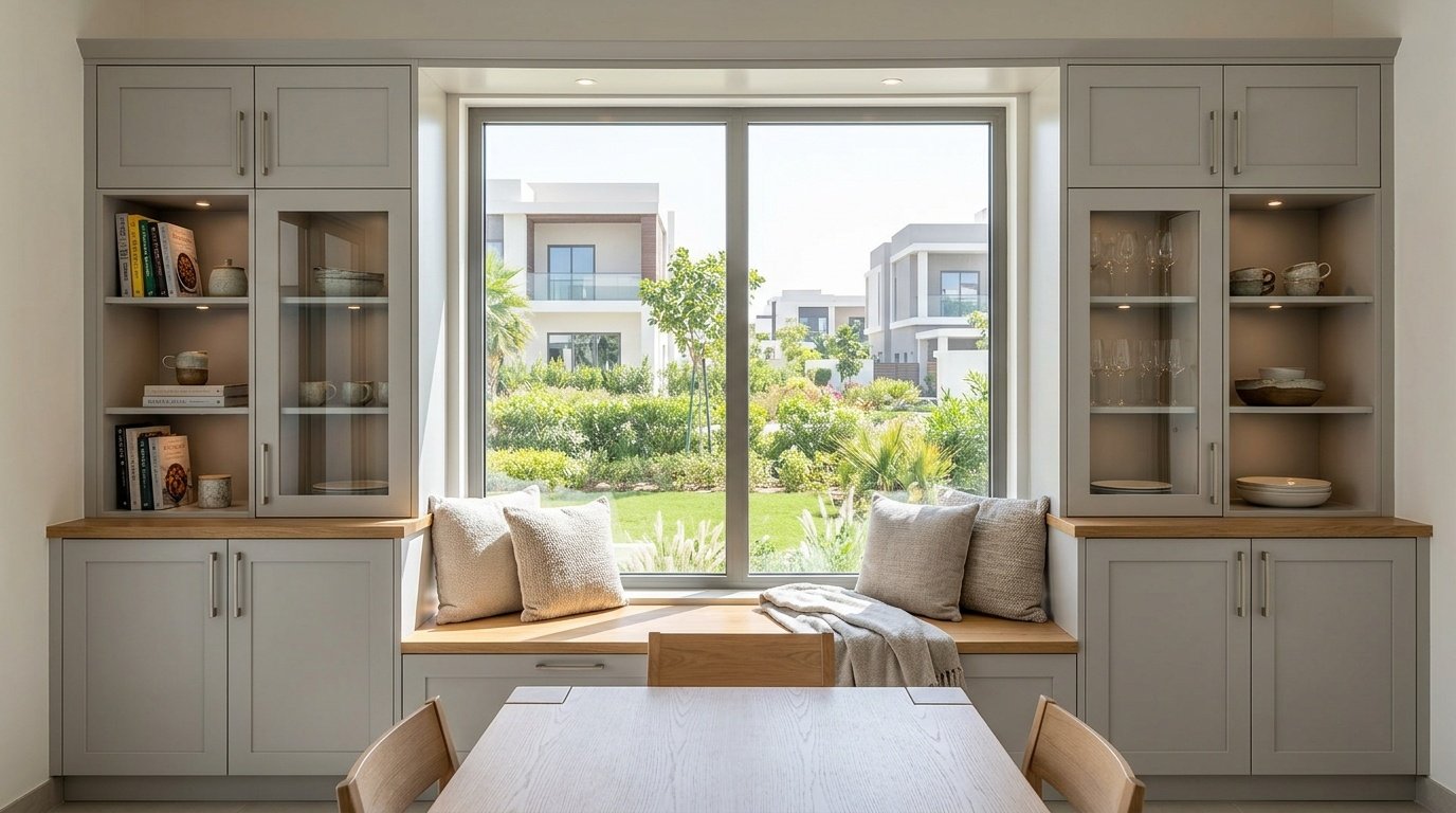 Custom dining window seat and storage cabinets, Damac Hills.