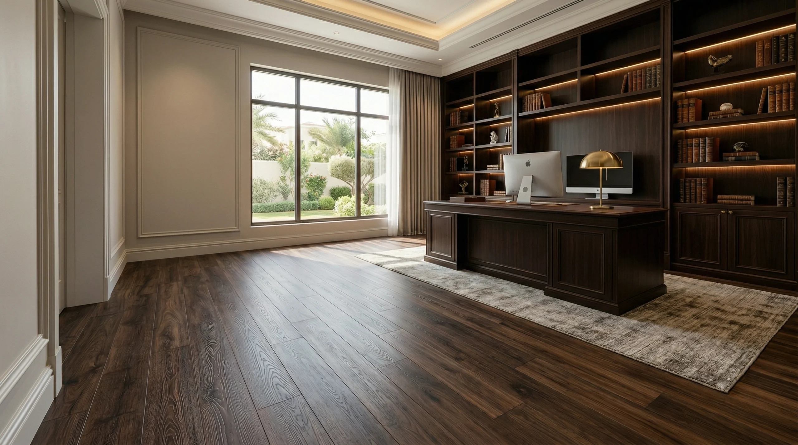 Rich dark mahogany wood-look laminate flooring in an Arabian Ranches home office with custom joinery.