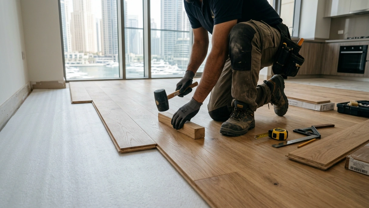 Karnak carpenter tapping engineered oak floor planks into place during installation in Dubai Marina.