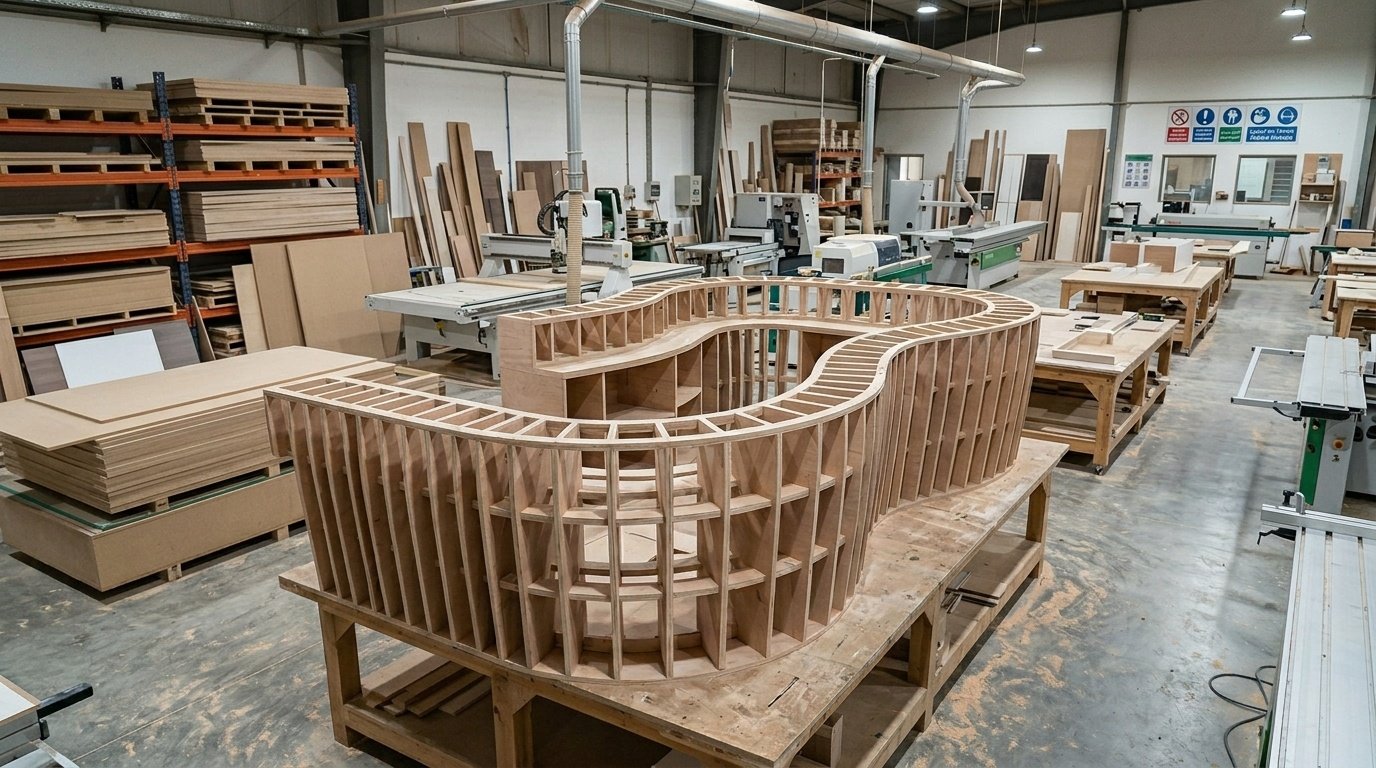 Internal skeletal structure of a custom curved counter being assembled in a Dubai workshop.