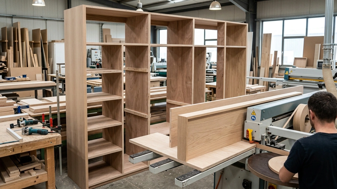 The structured plywood frame of a custom wardrobe unit being edge-banded in the Karnak fabrication workshop.