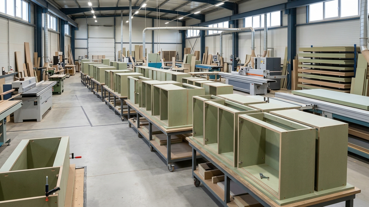 Systematic assembly line of moisture-resistant office cabinetry carcasses in a Dubai workshop.