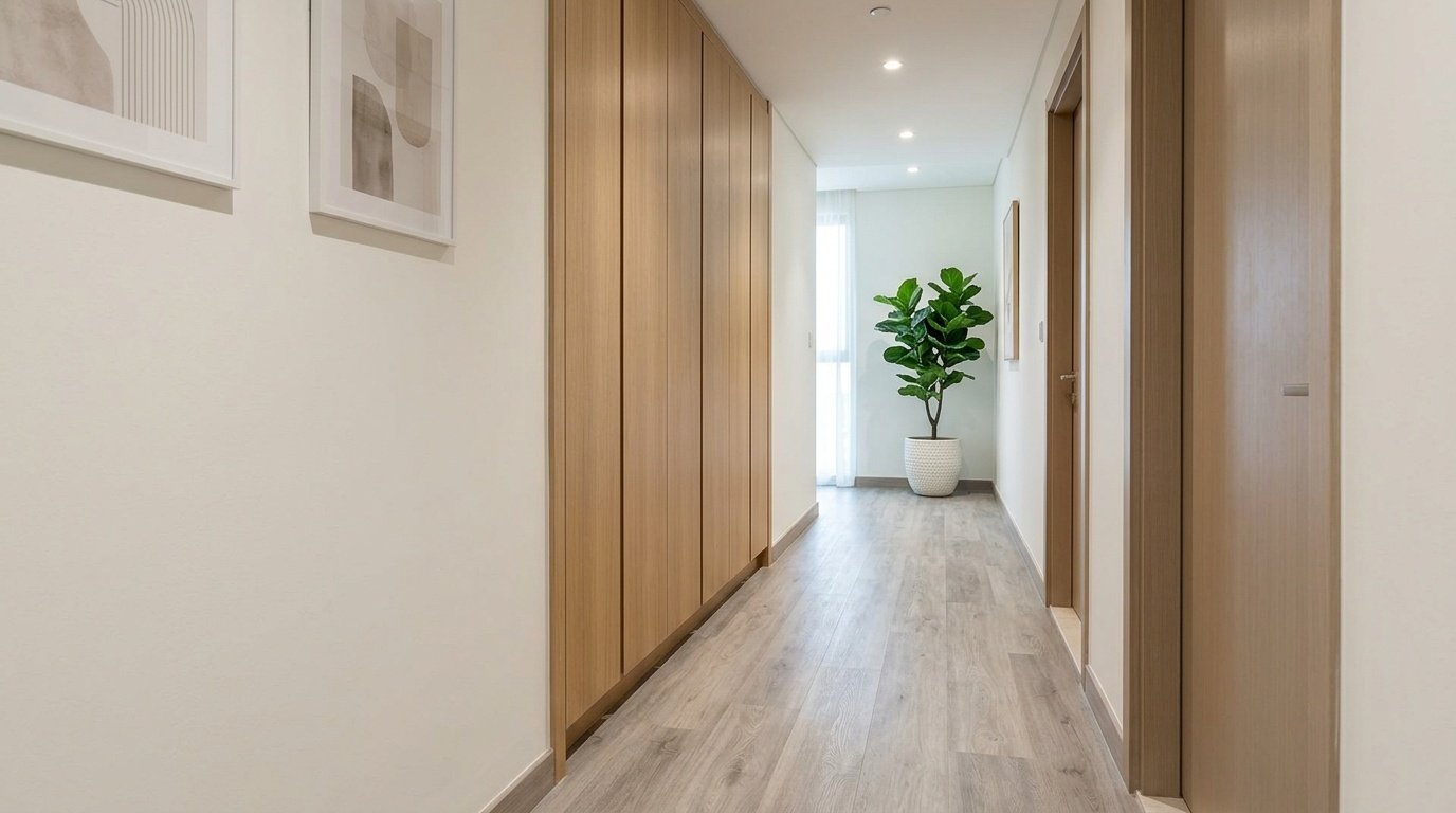 Light driftwood vinyl flooring in a modern hallway.