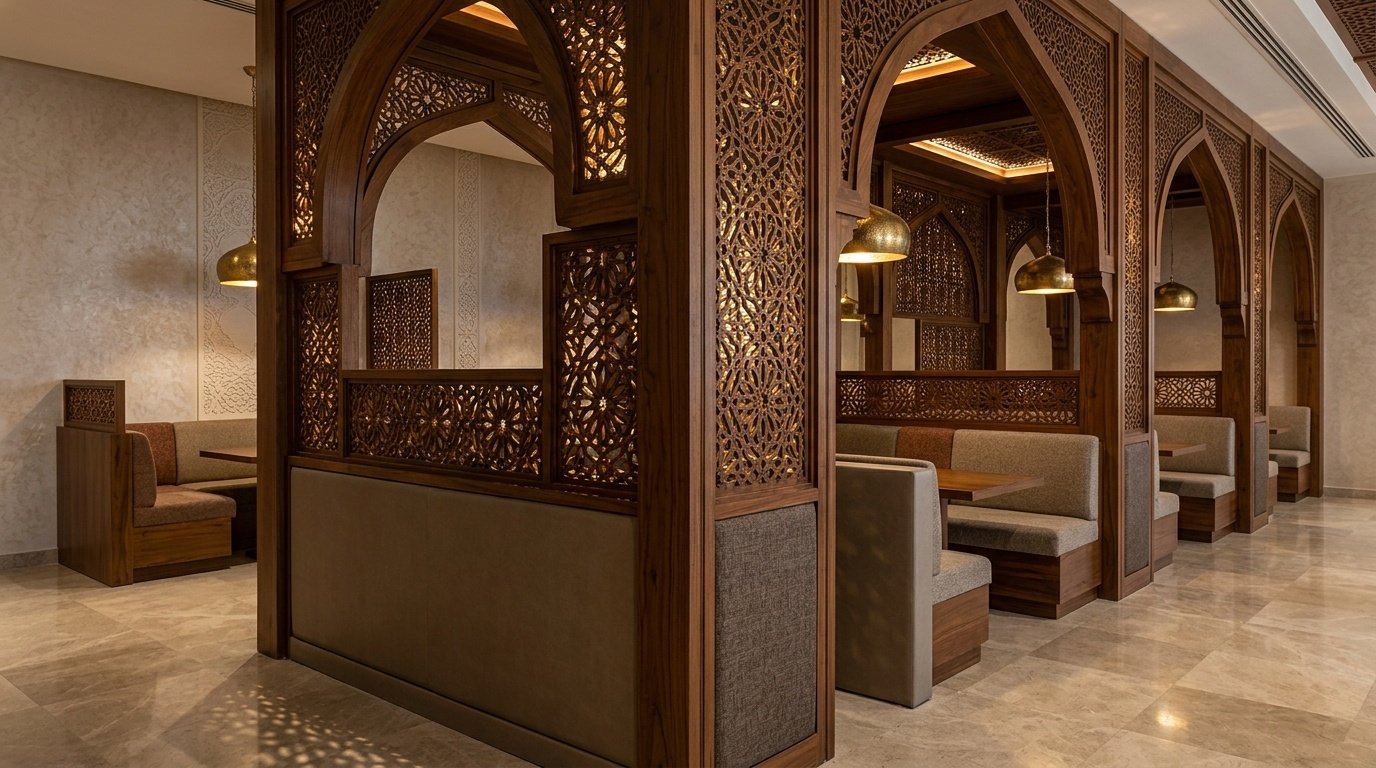 Custom carved teak wood Mashrabiya screens and integrated seating dividers at Zahrat Al Khalij, Sharjah.