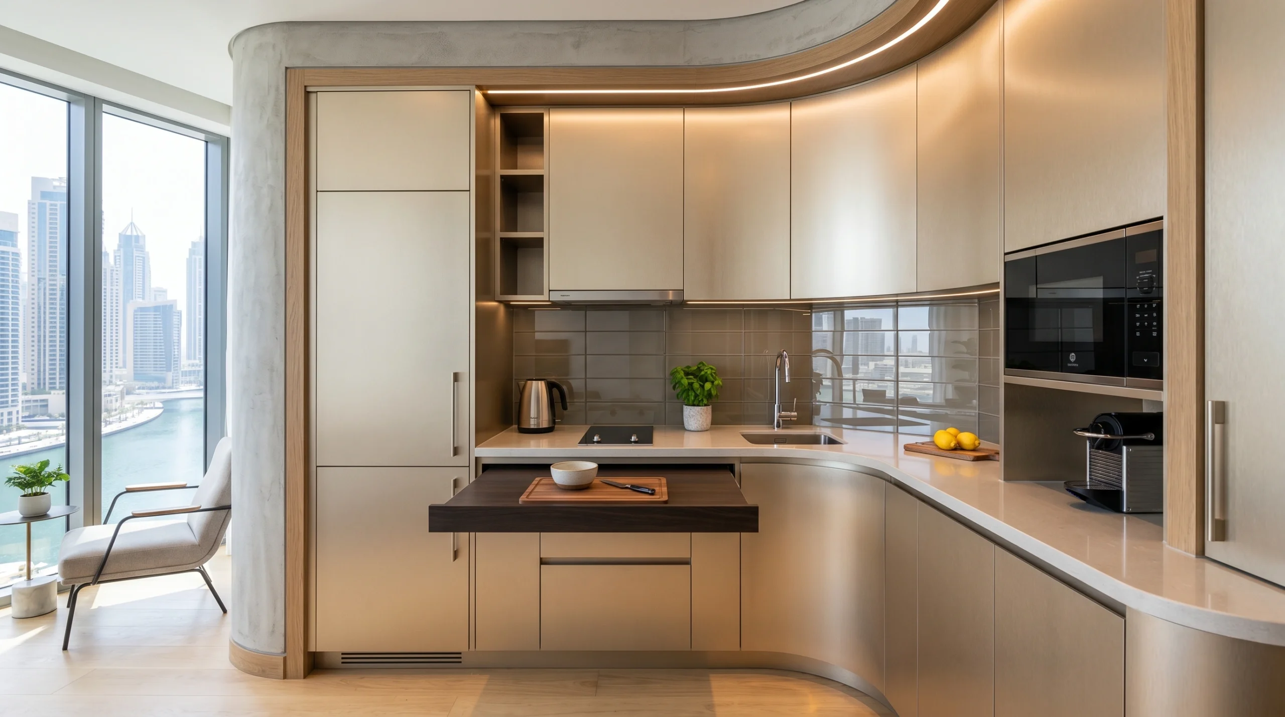 Space-saving champagne metallic kitchen cabinetry for a Business Bay studio apartment.
