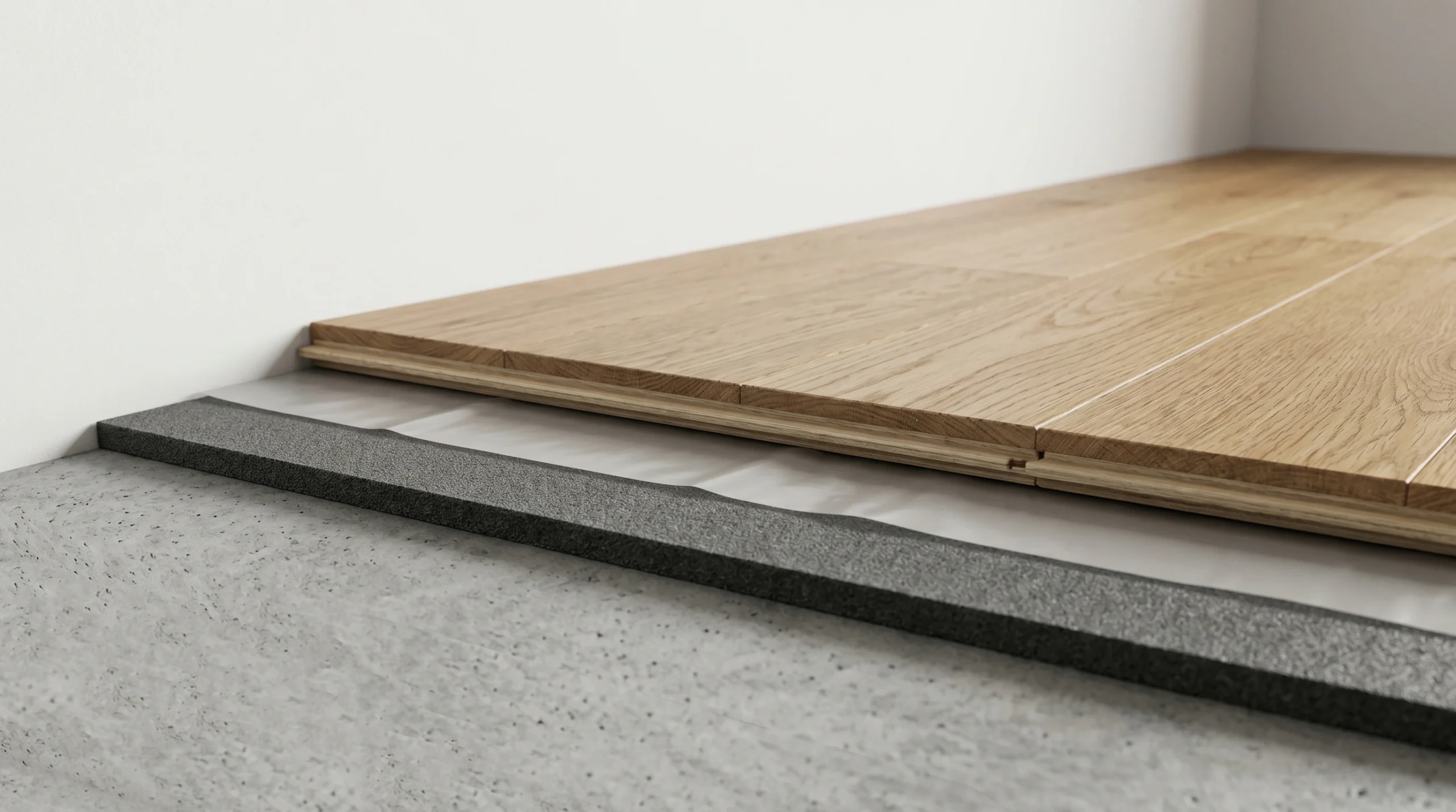 Cross-section showing acoustic underlay and moisture barrier layers beneath installed engineered hardwood flooring in UAE apartment for noise reduction performance