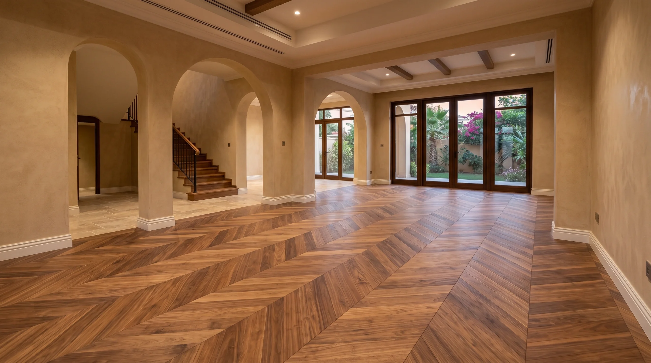 Chevron-pattern American walnut hardwood flooring installed in Arabian Ranches townhouse living area showing custom pattern carpentry in UAE villa setting