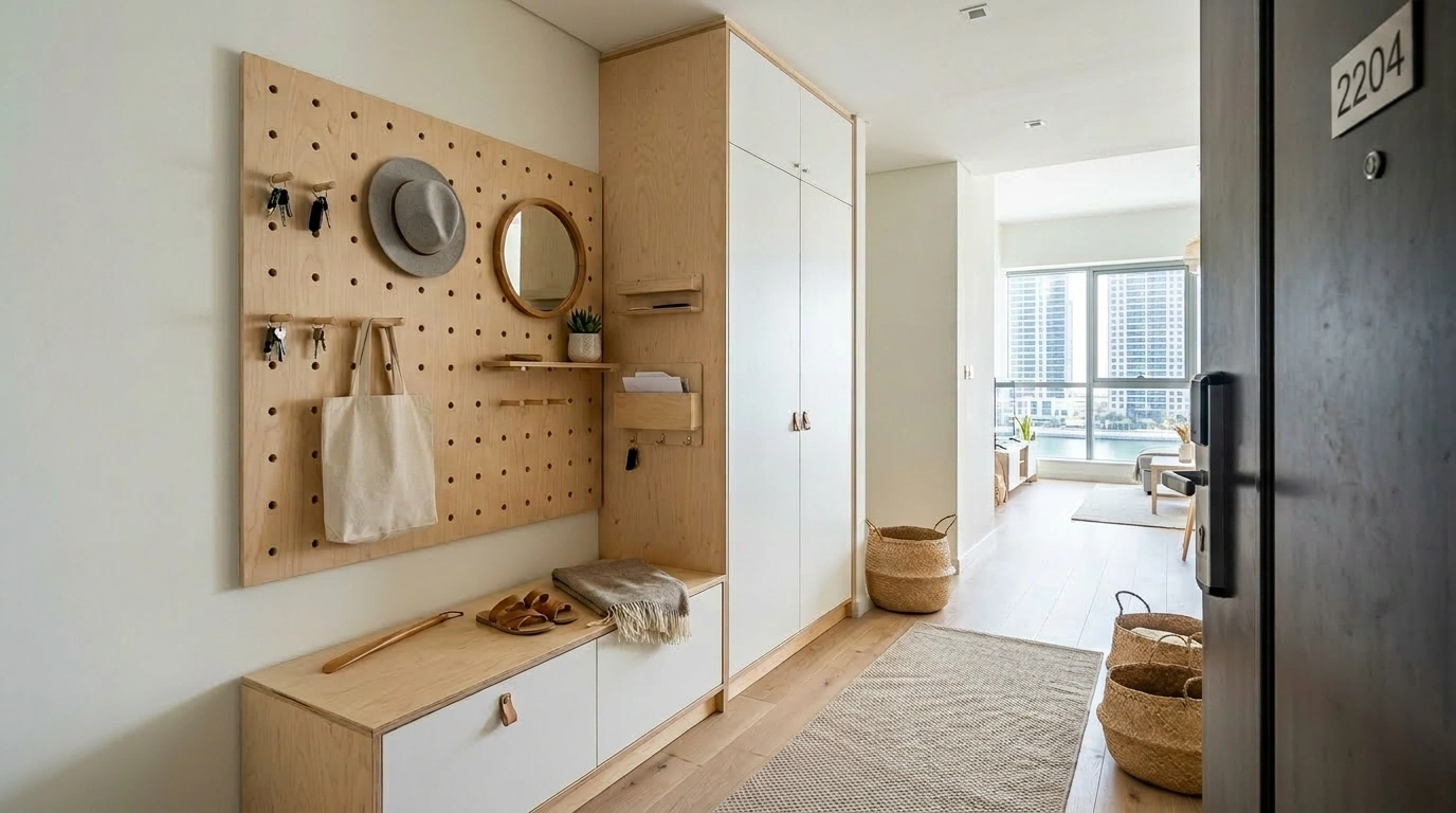 Built-in oak bench with vertical slat feature wall in a Damac Hills villa.
