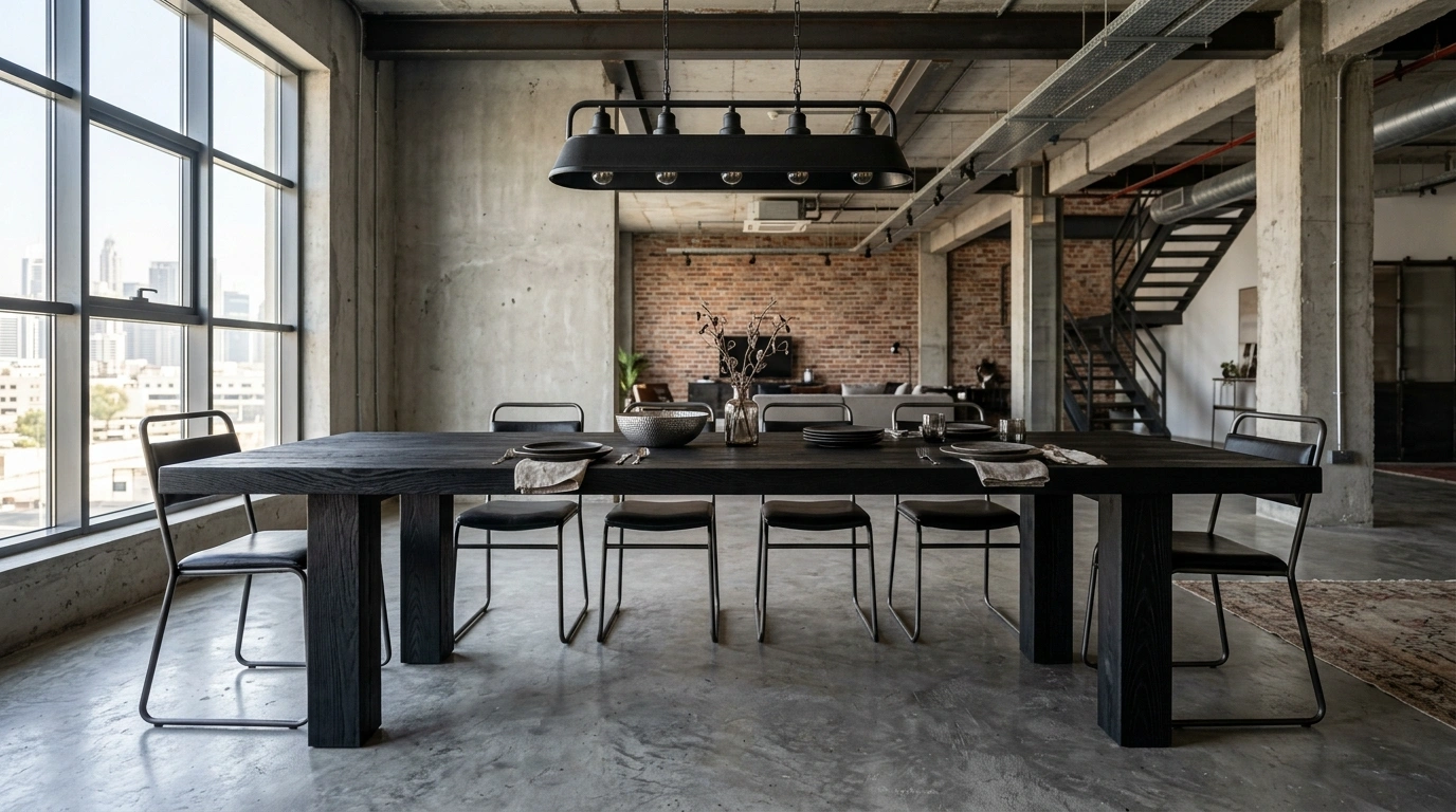 Custom blackened ash dining table with heavy timber legs for industrial-style Dubai loft.