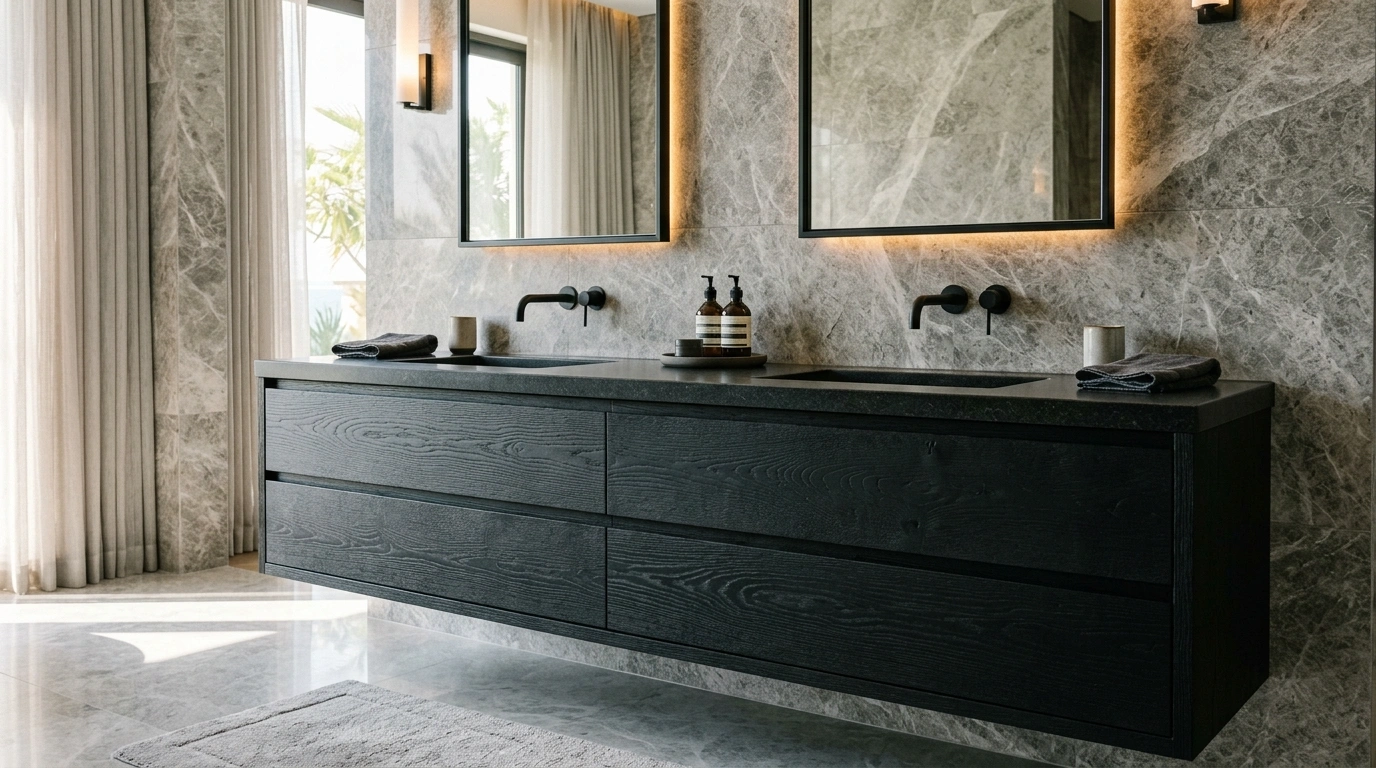 Blackened oak wood double vanity with push-to-open drawers in Pearl Jumeirah.