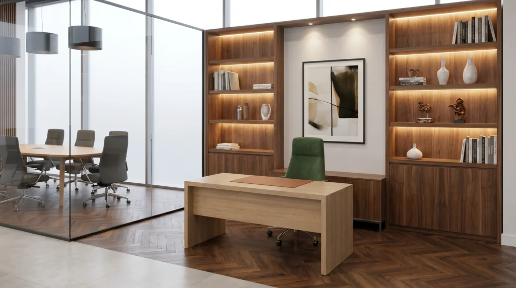 Business Bay office project Dubai — custom walnut joinery shelving and bespoke executive desk by Karnak Carpentry