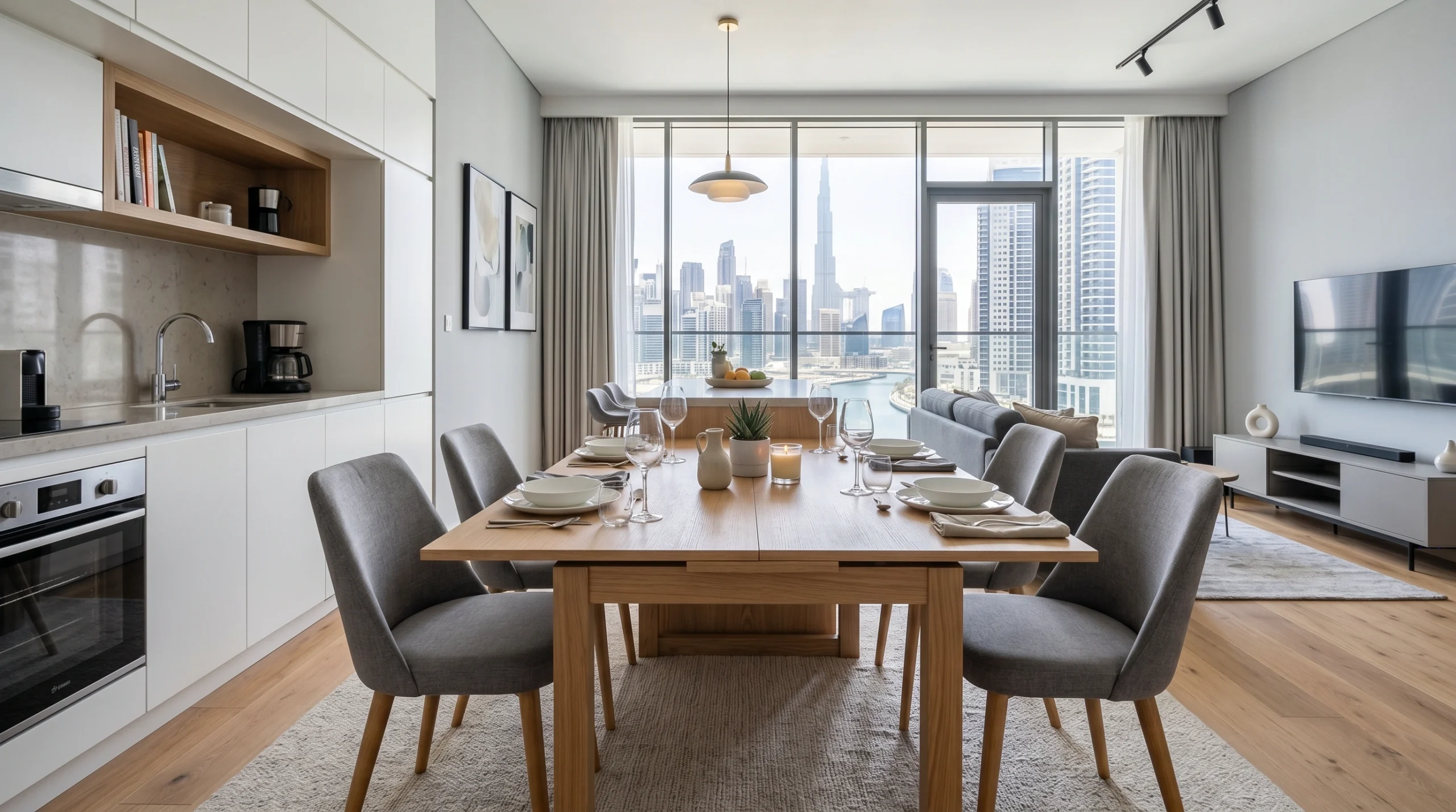 Custom convertible dining joinery in Business Bay apartment with fold-out solid oak table extended and built-in storage bench seating